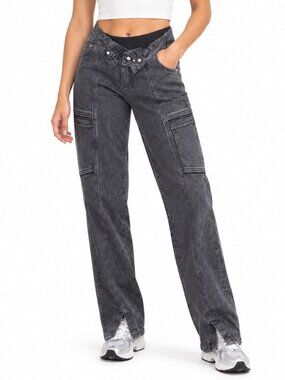 MANIERE DE VOIR Straight-Leg 30" Cargo Jeans Washed Black Sz 6 High Rise Utility